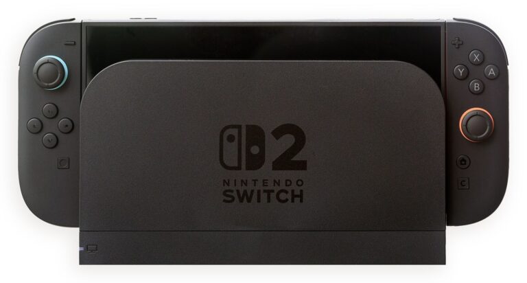 Docklanmış hâlde duran Nintendo Switch 2 konsolu
